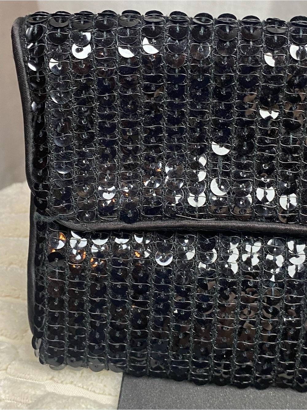 VTG 70’s Norell Black Sequin Clutch Evening Bag Rhinestone Button Closure EUC - Picture 5 of 15